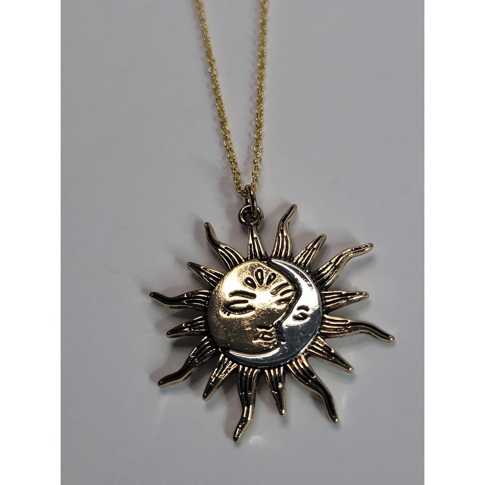 Gold Silver Tone Sun Moon Pendant Necklace Celestial Two Tone Boho Jewelry - Picture 6 of 10
